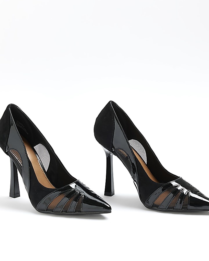 Black Mesh Cut Out Heeled Court Shoes