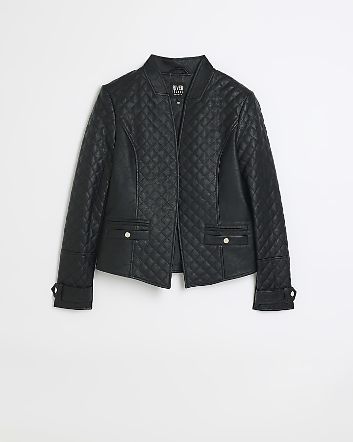 Black faux leather collarless blazer