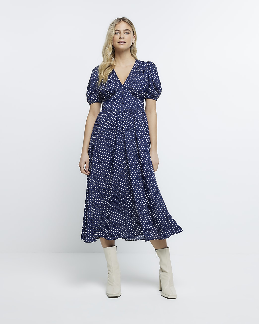 Navy Button Tea Midi Dress