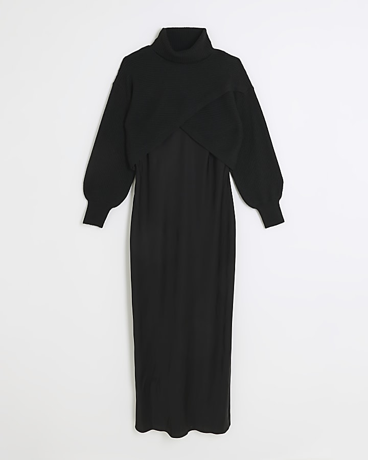 Black satin hybrid slip midi dress