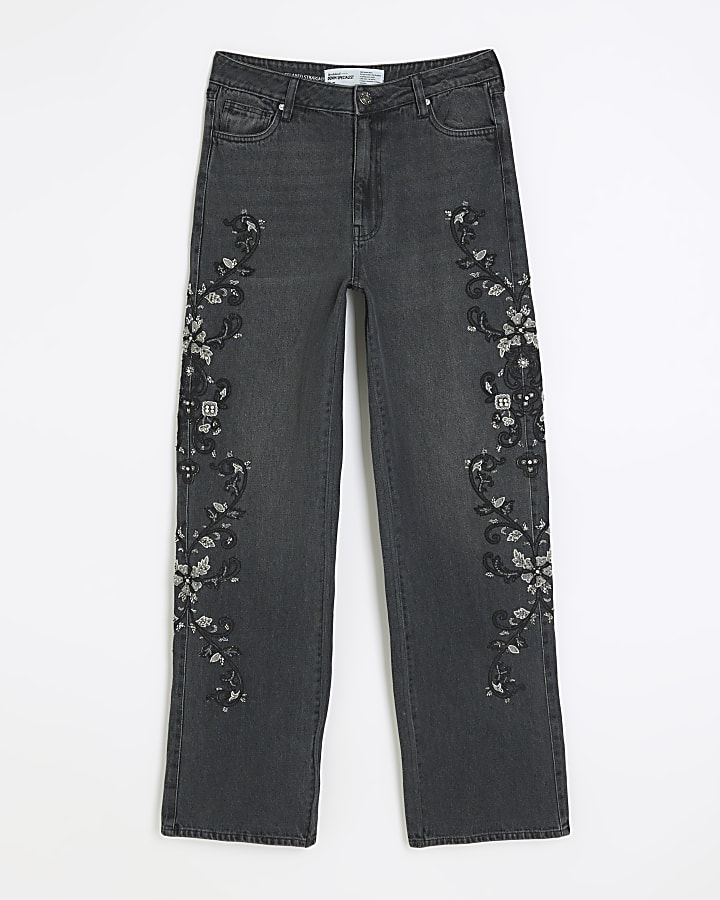 Grey embellished relaxed straight jeans