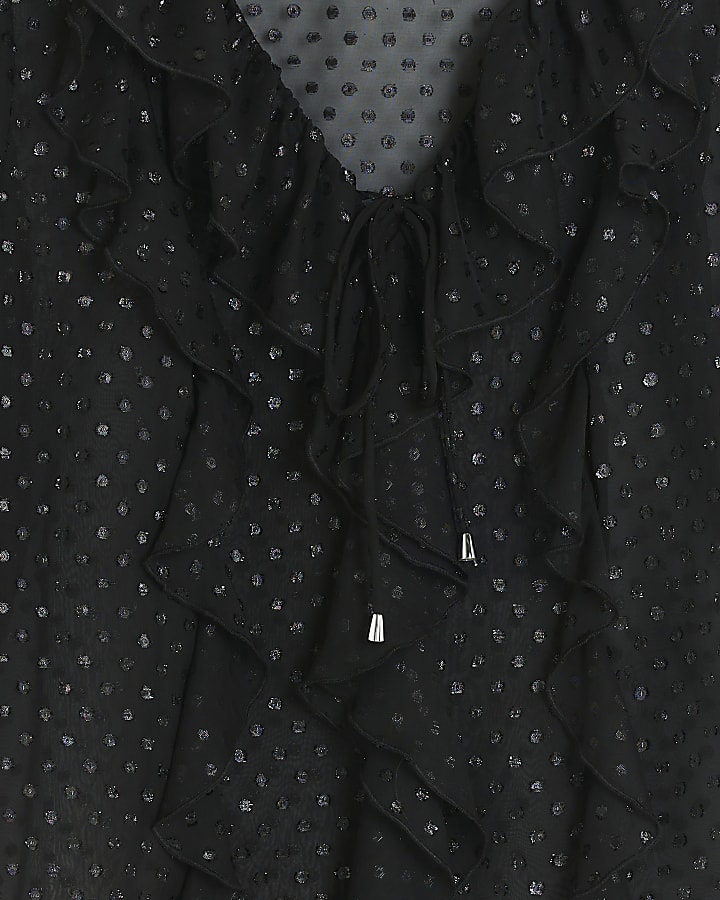 Black spot frill long sleeve blouse
