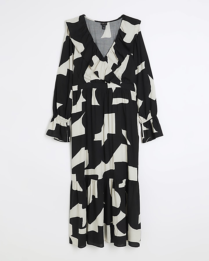 Black geometric frill swing maxi dress