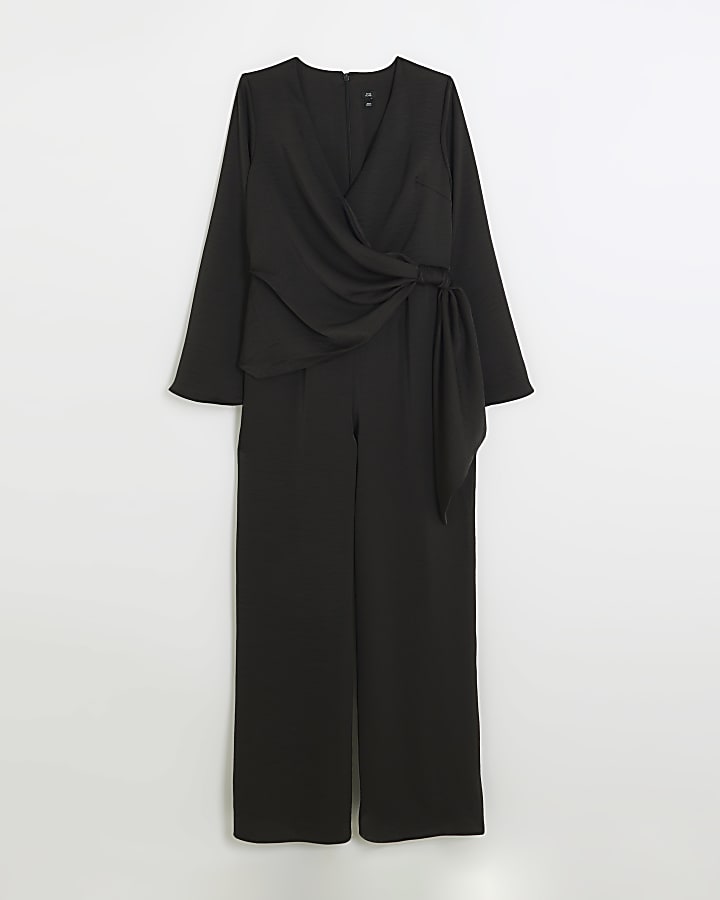 Black satin knot detail jumpsuit