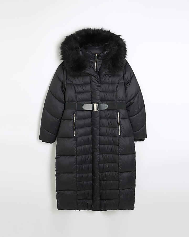 Plus black belted padded longline jacket
