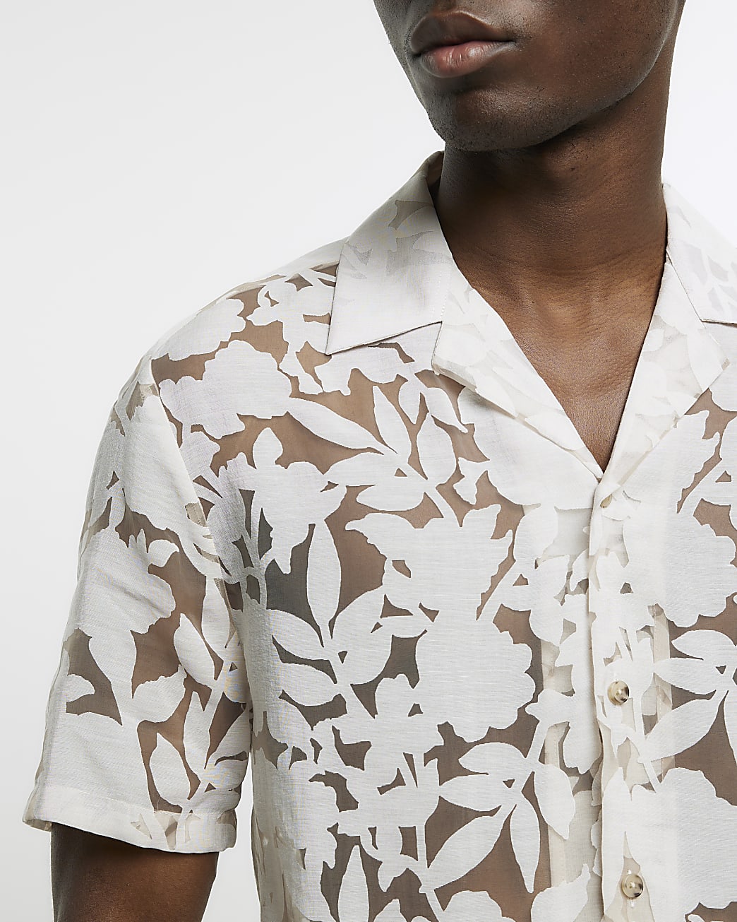 Stone regular fit burnout leaf print shirt