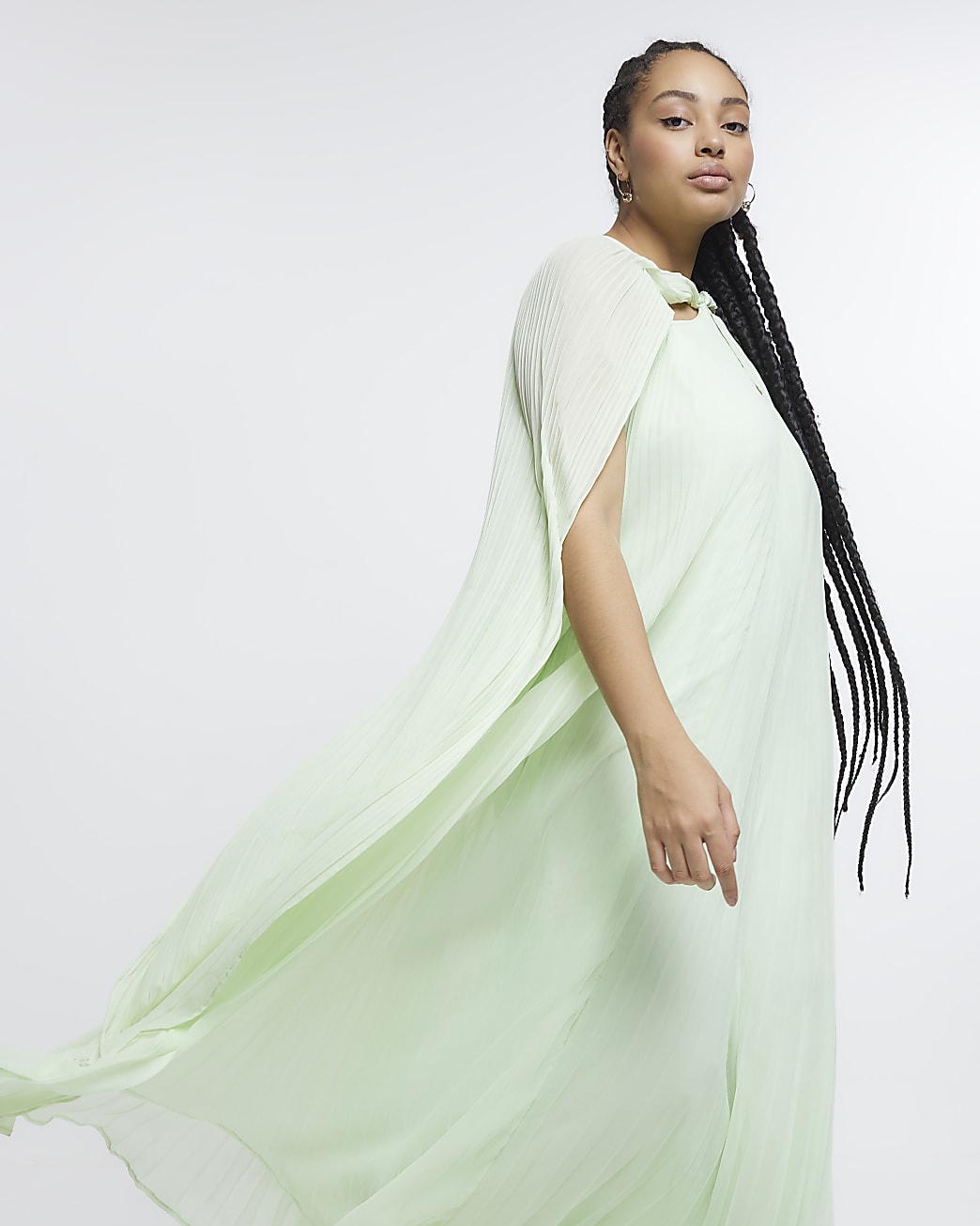 Plus green chiffon cape detail maxi dress