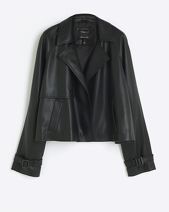 Black faux leather crop trench coat