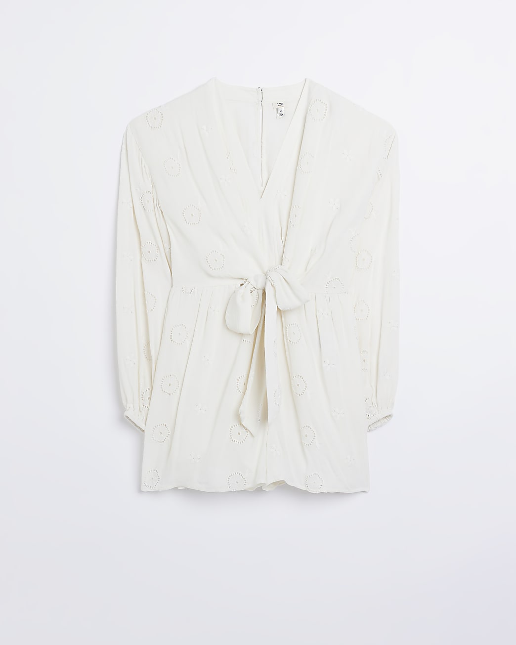 Cream balloon sleeve front tie playsuit