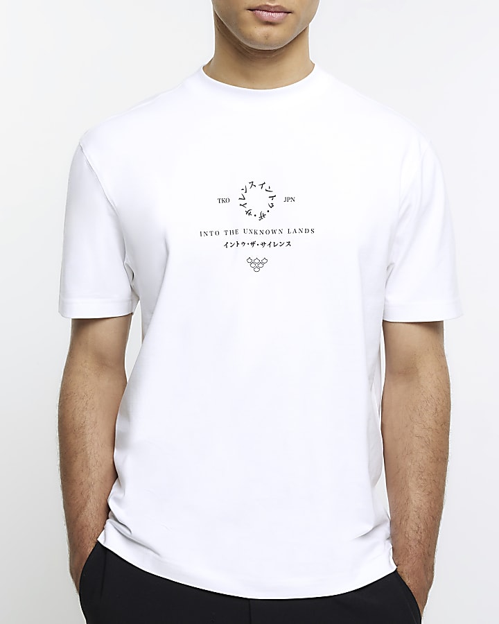 White regular fit japanese graphic t-shirt