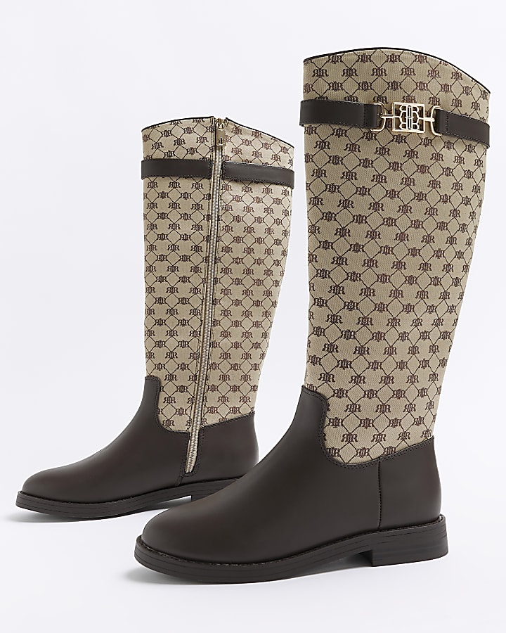 Brown RI monogram knee high boots