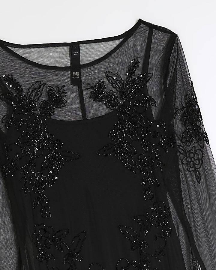 Black mesh embellished bodycon midi dress