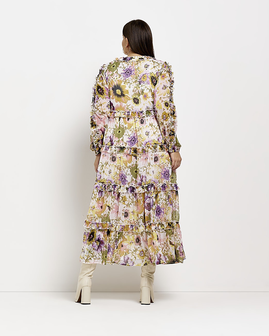 Plus white floral long sleeve midi dress