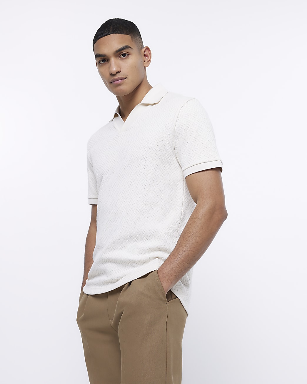 Ecru slim fit textured polo shirt