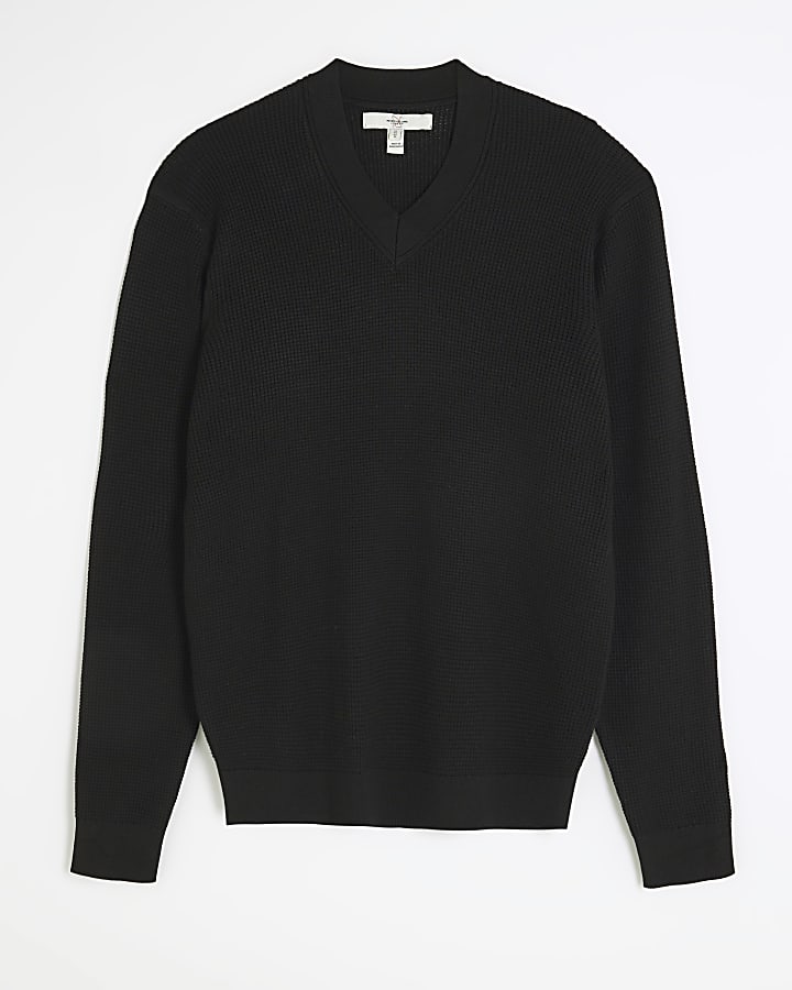 Black slim fit V neck jumper