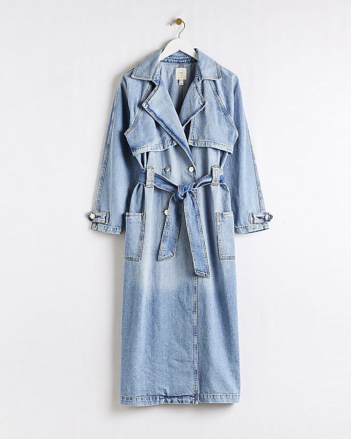 Blue denim belted longline trench coat