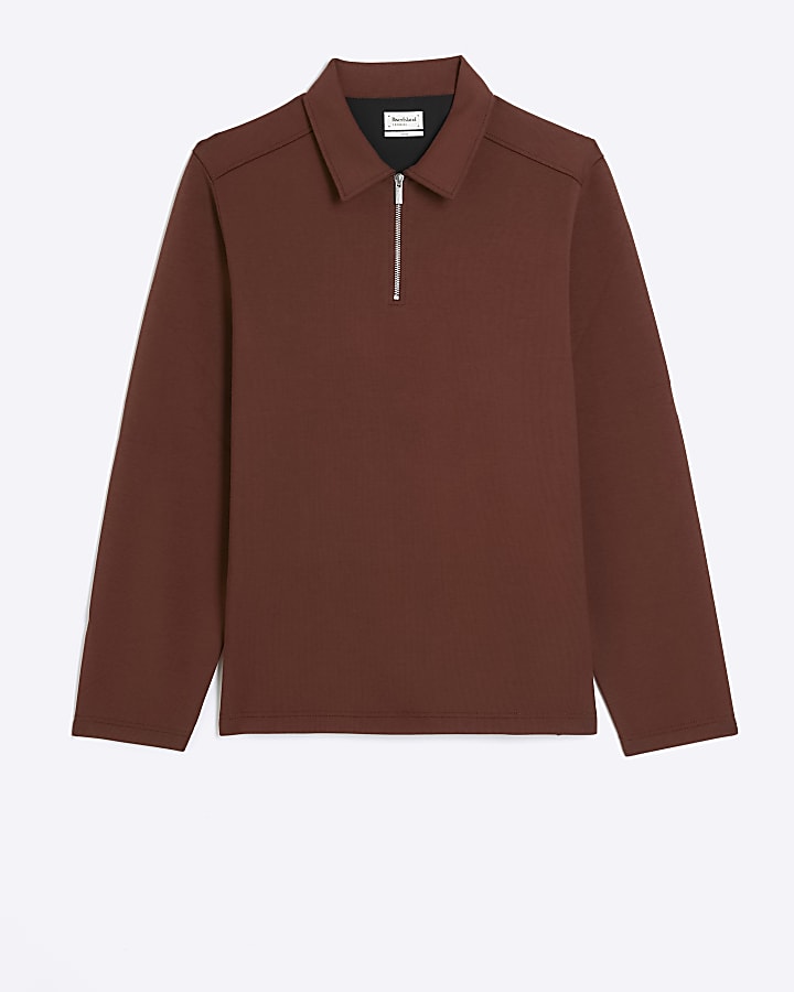 Brown regular fit neoprene half zip polo