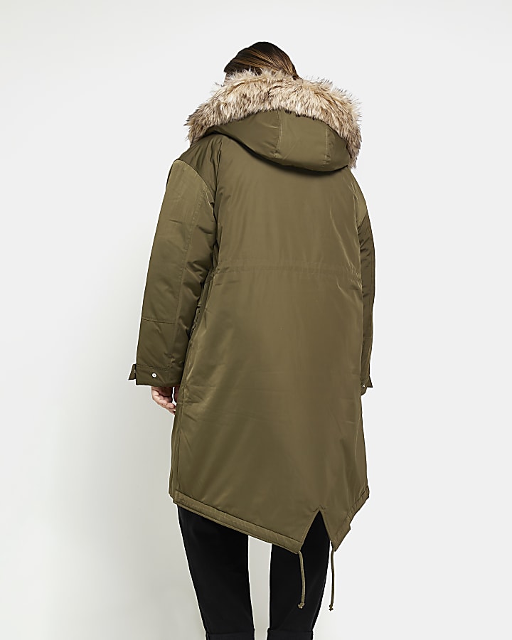 Plus khaki faux fur hooded parka coat
