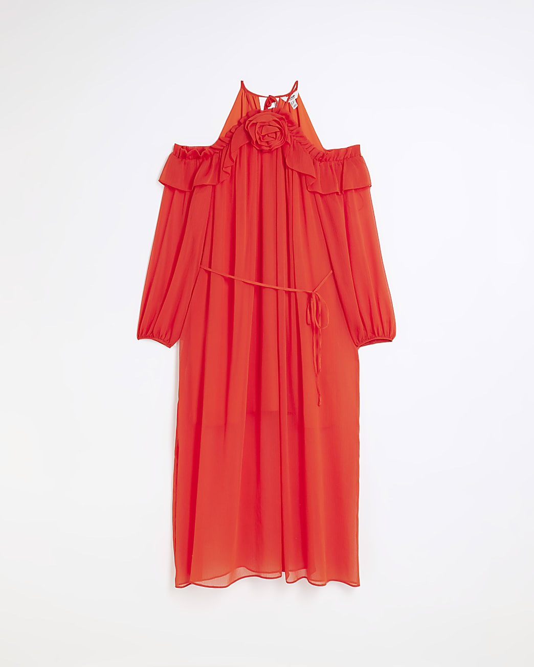 Red corsage halter neck shift midi dress