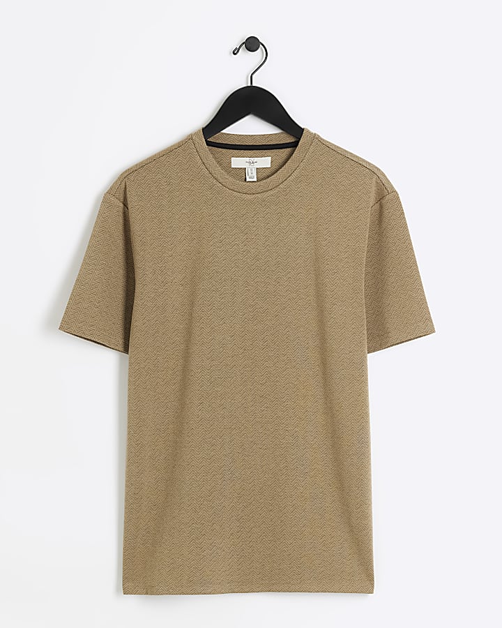 Brown regular fit zig zag texture t-shirt
