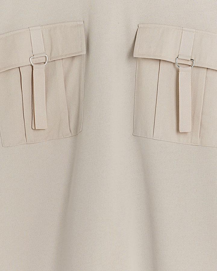 Beige utility hooded sweatshirt mini dress