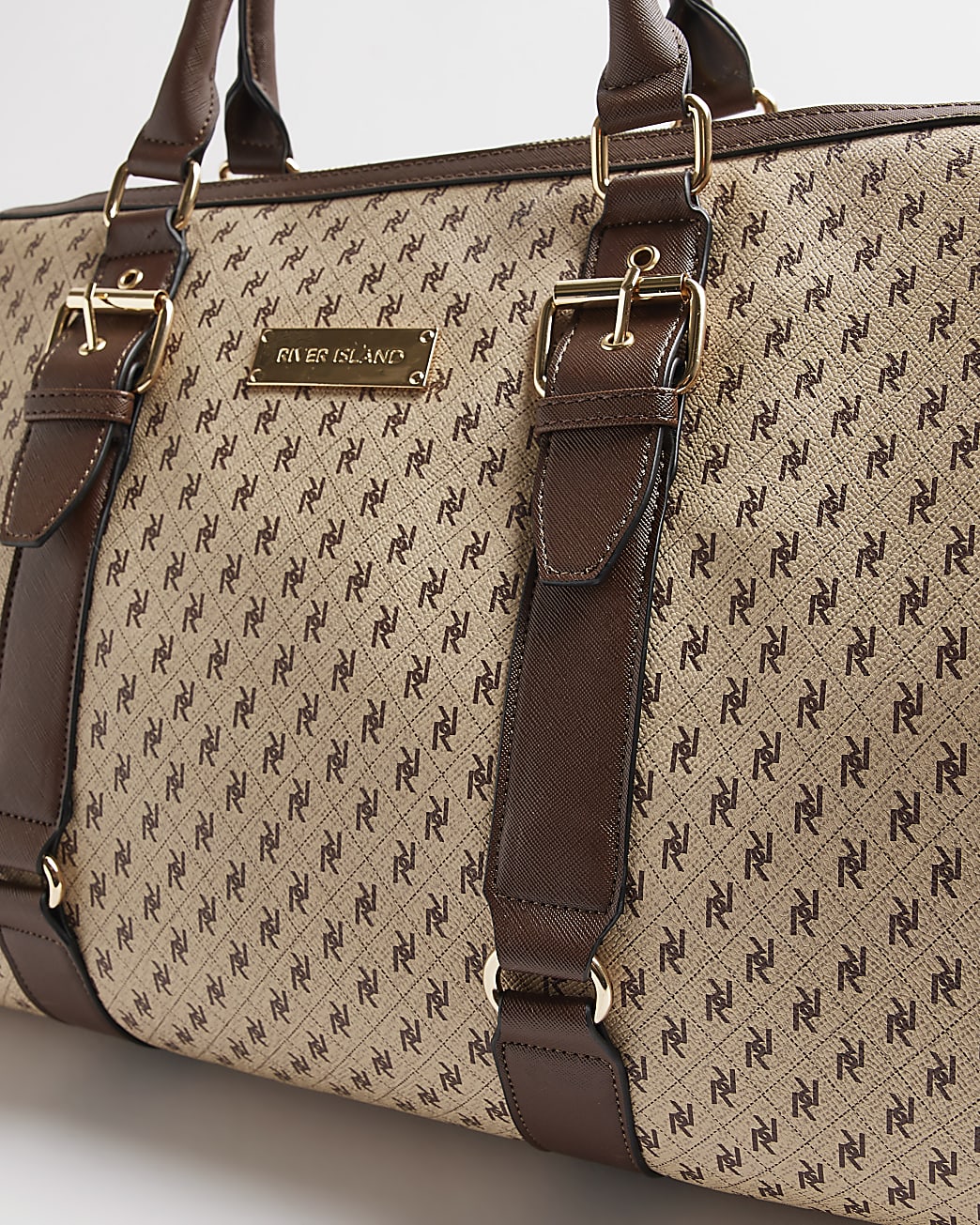 Beige RI monogram barrel travel bag