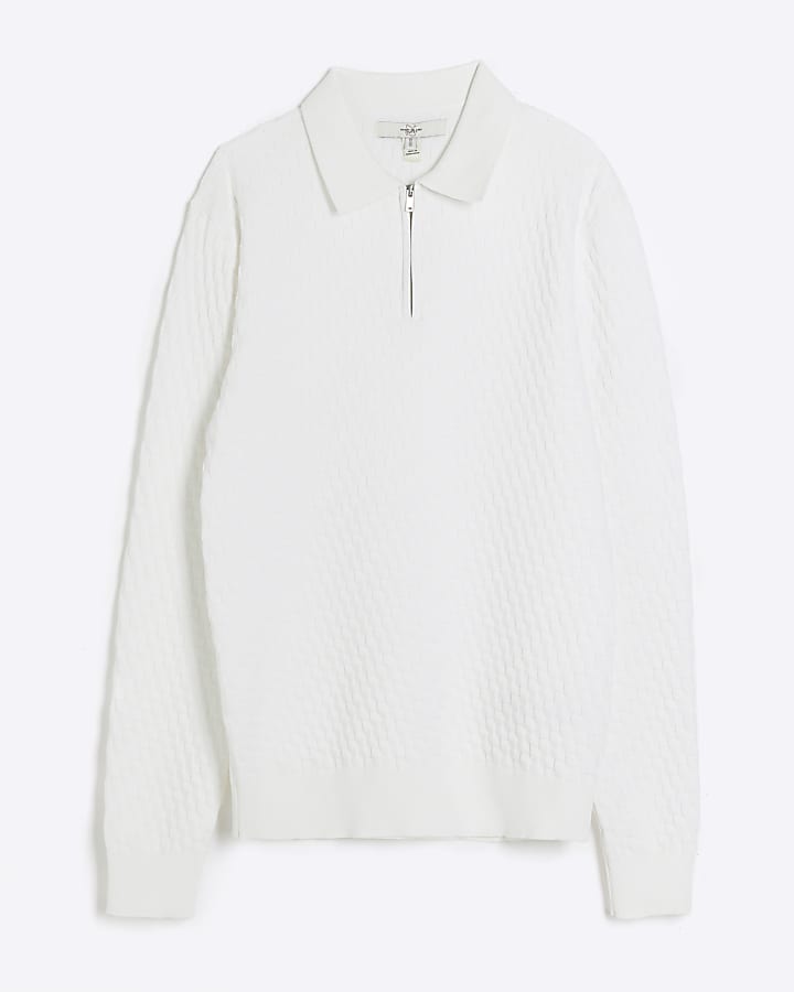 Ecru muscle fit zig zag knit polo
