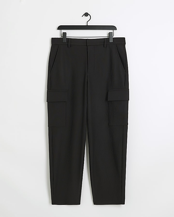 Black tapered fit plisse cargo trousers