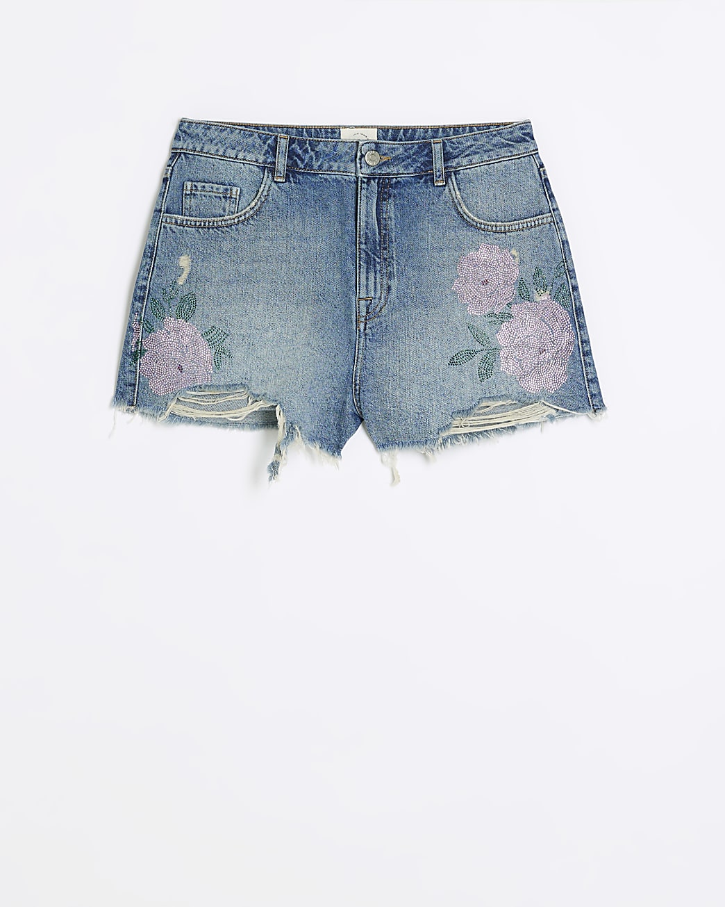Blue diamante floral denim shorts