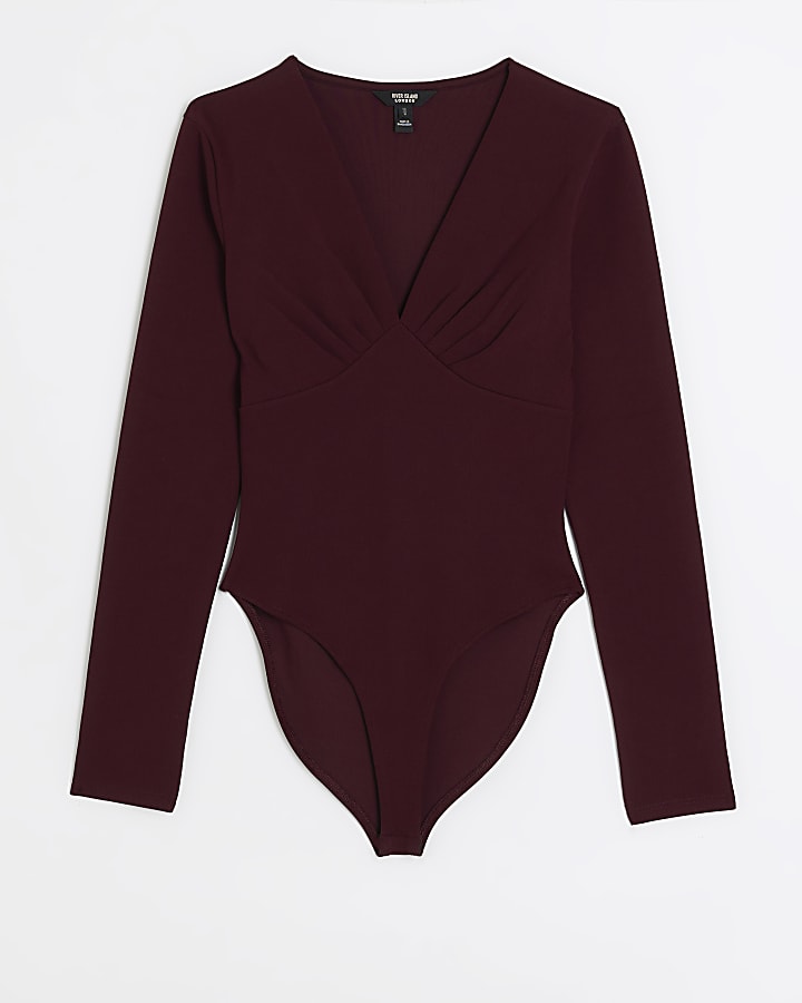 Red plunge long sleeve bodysuit