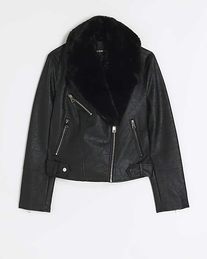 Black faux fur collar biker jacket