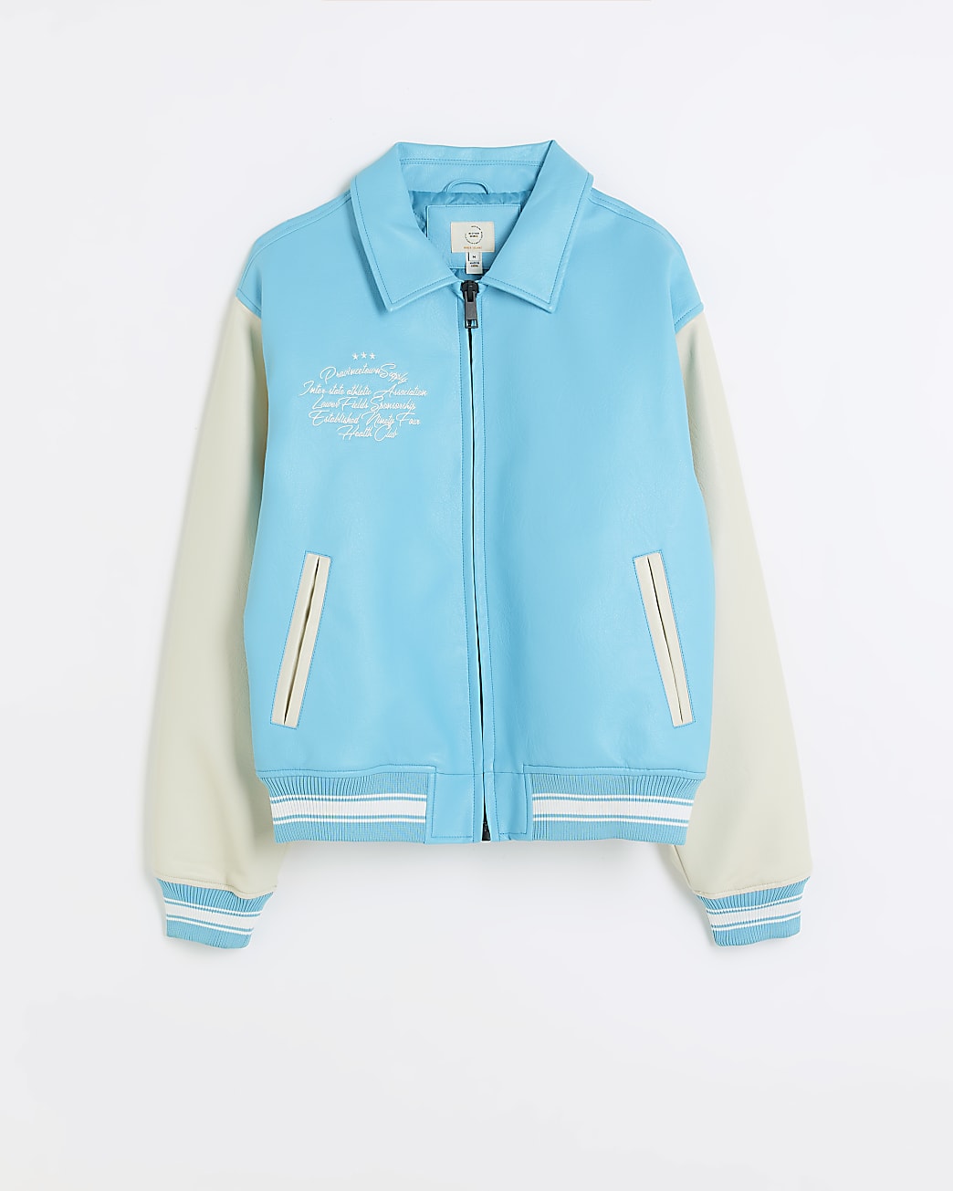 Blue regular fit faux leather varsity jacket