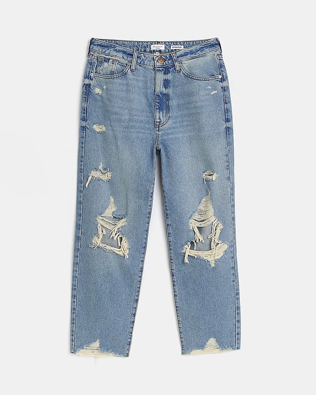 Blue high waist ripped straight leg jeans