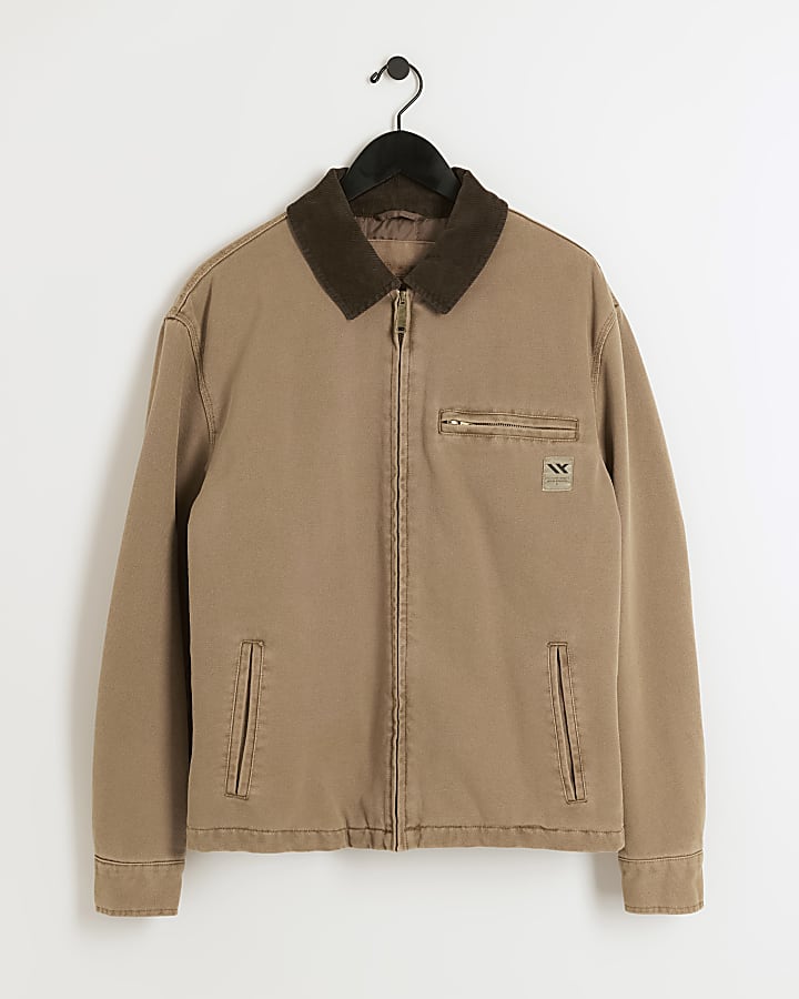 Washed brown regular fit canvas jacket