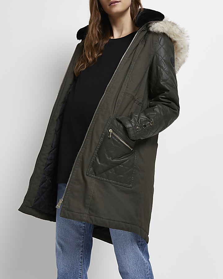 Khaki 3 in 1 maternity hooded parka coat