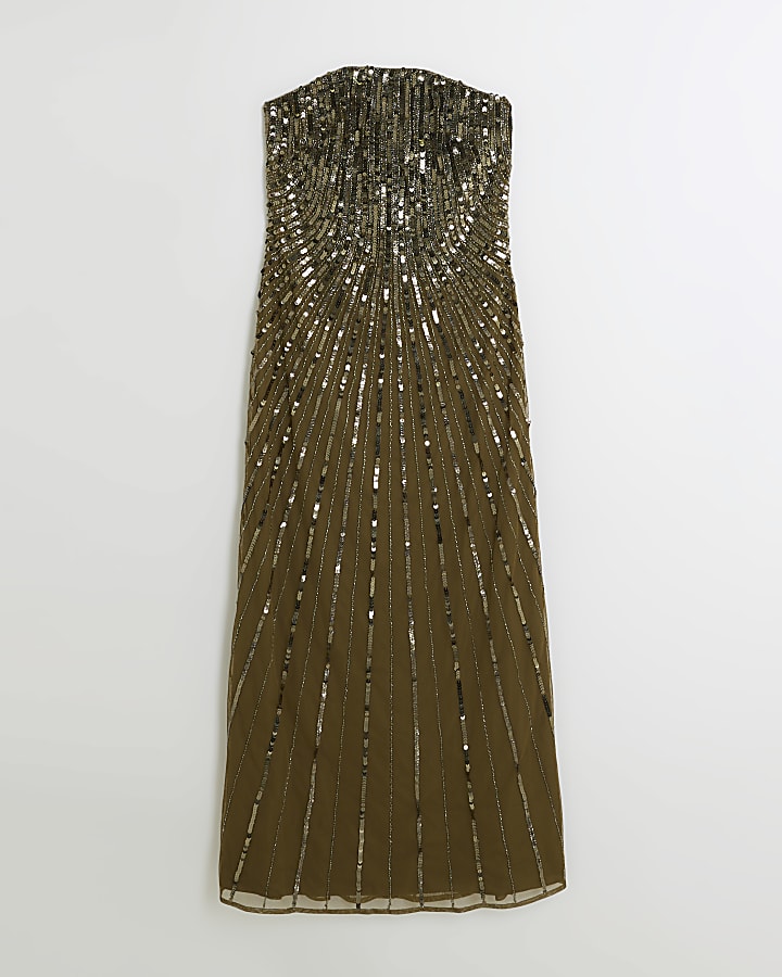 Khaki sequin bandeau midi dress