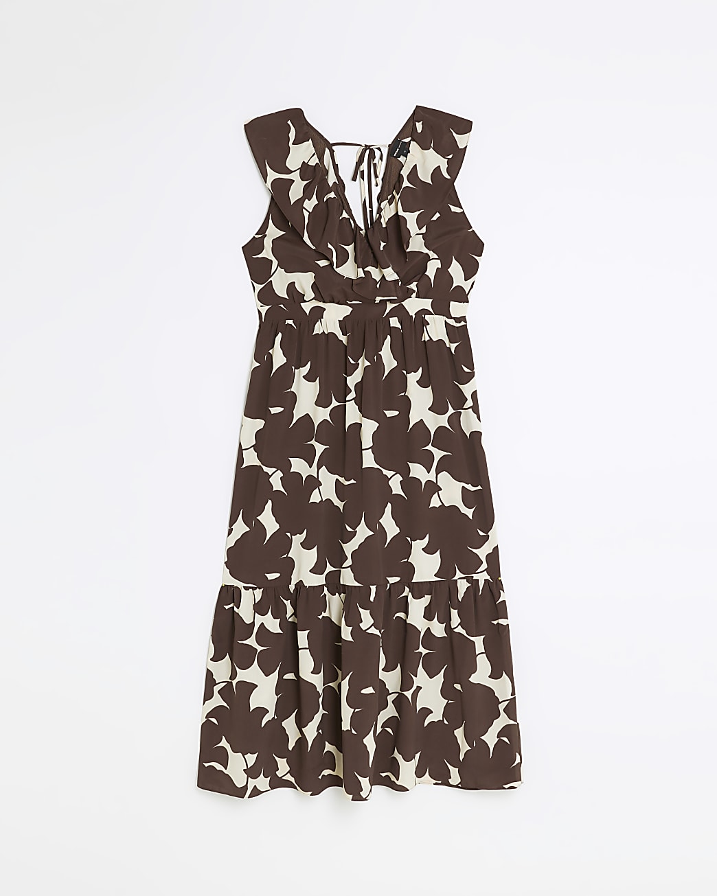 Brown print frill midi dress