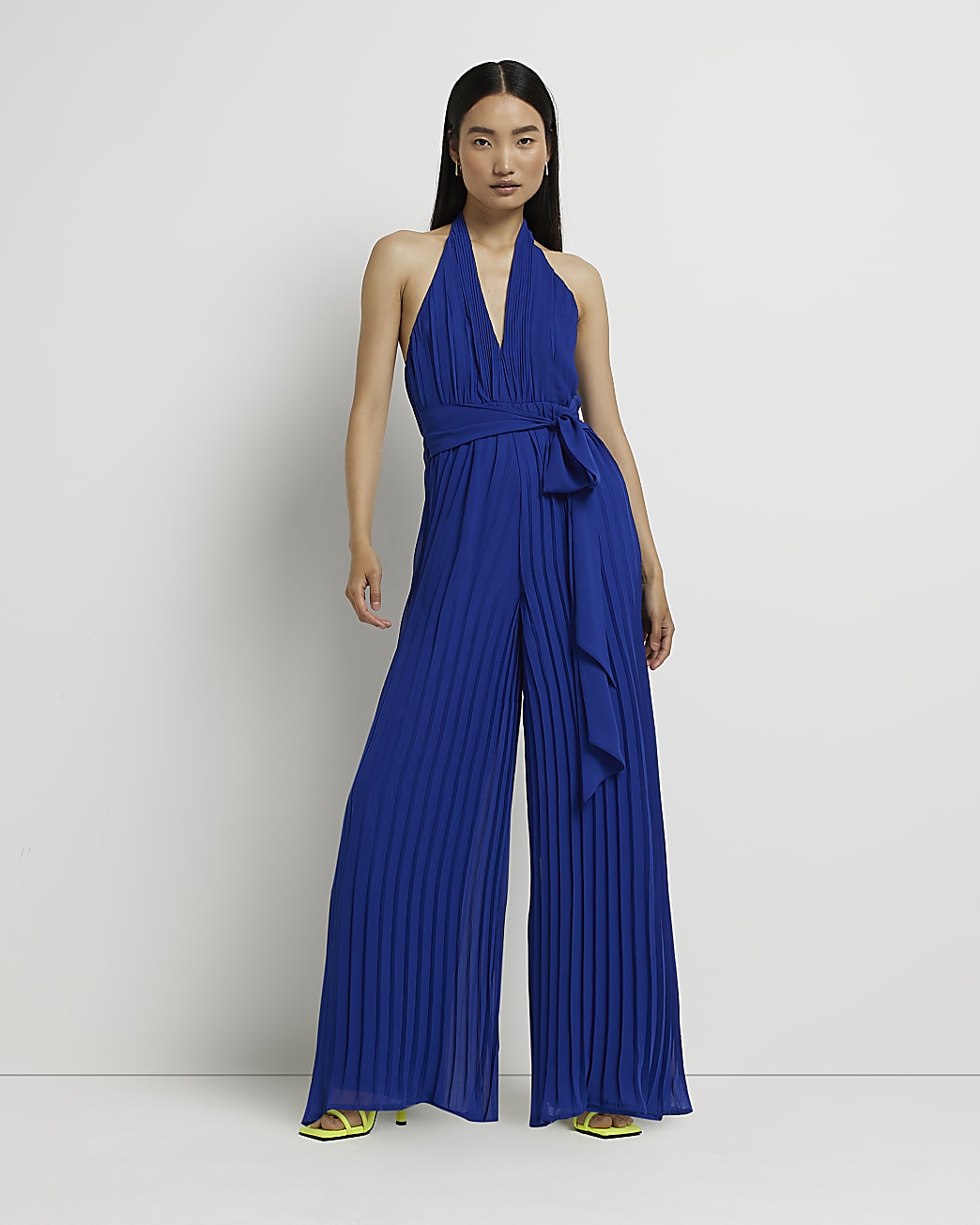 Blue wide leg halter neck jumpsuit