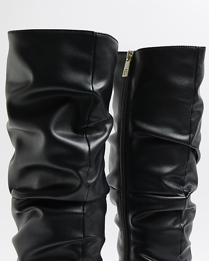 Black ruched high leg heeled boots
