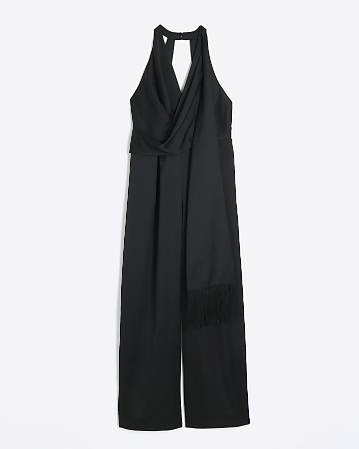 Black satin open back jumpsuit