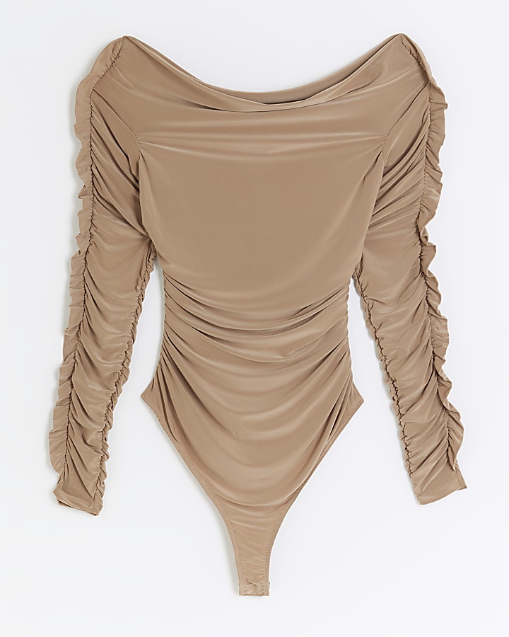 Beige ruched bardot bodysuit