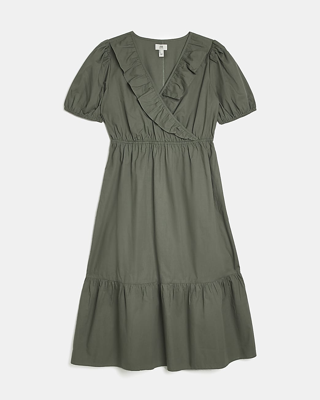 Petite Khaki Puff Sleeve Wrap Midi Dress