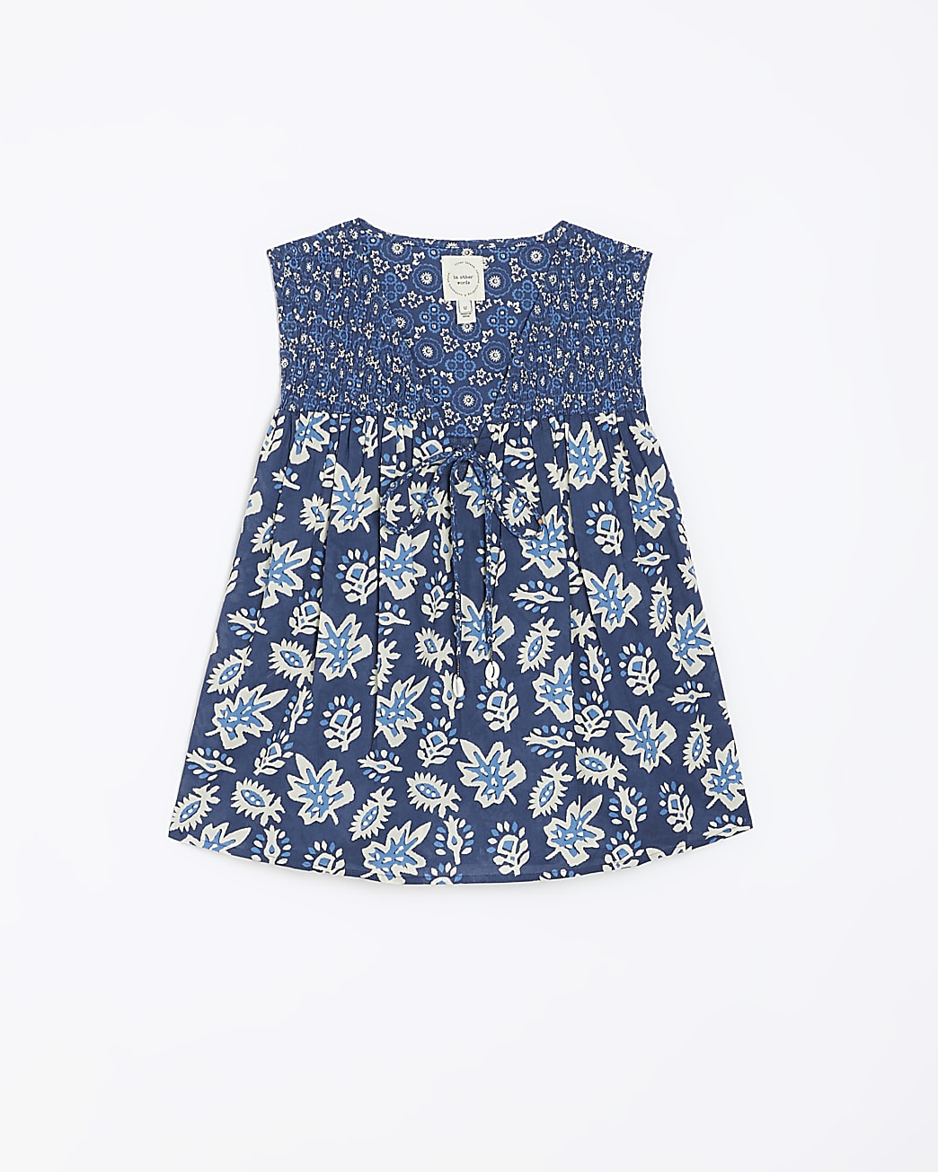 Blue floral shirred sleeveless top