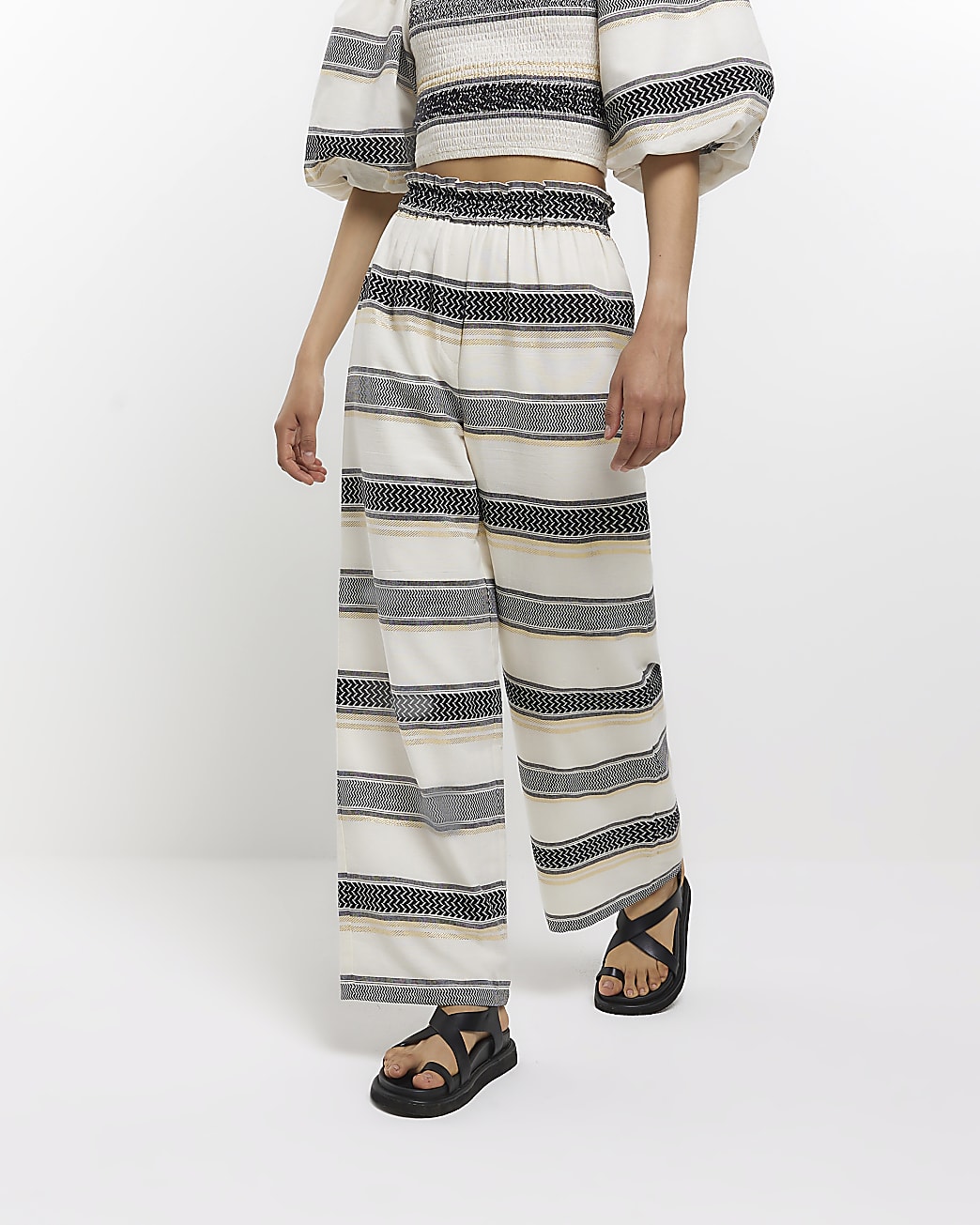 Ecru striped wide leg pull on trousers