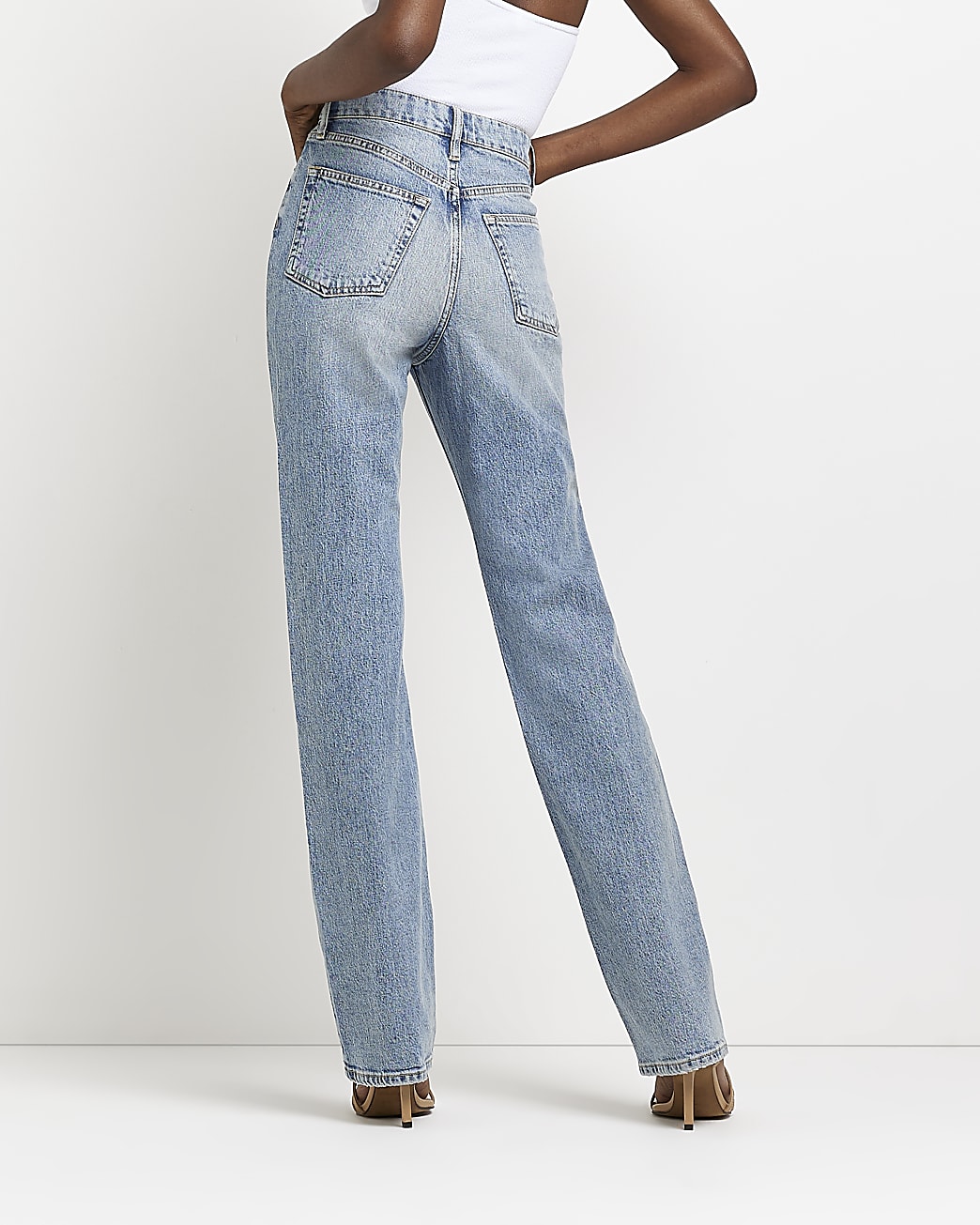 Blue high waisted straight leg jeans