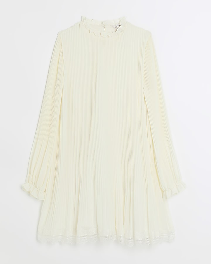 Cream pleated lace trim shift mini dress