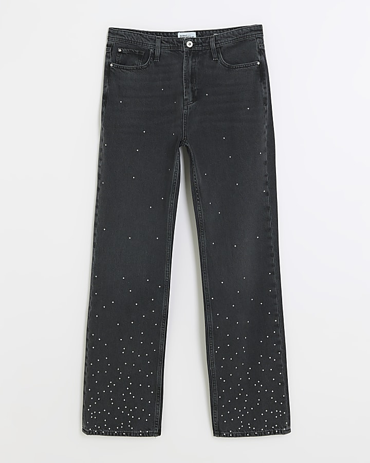 Black embellished stove pipe straight jeans