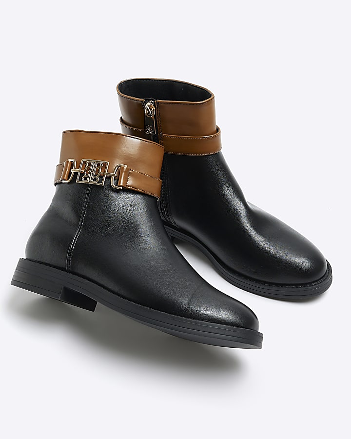 Brown colour block riding ankle boots