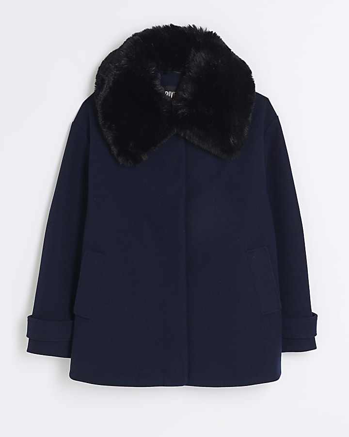 Navy faux fur collar swing coat