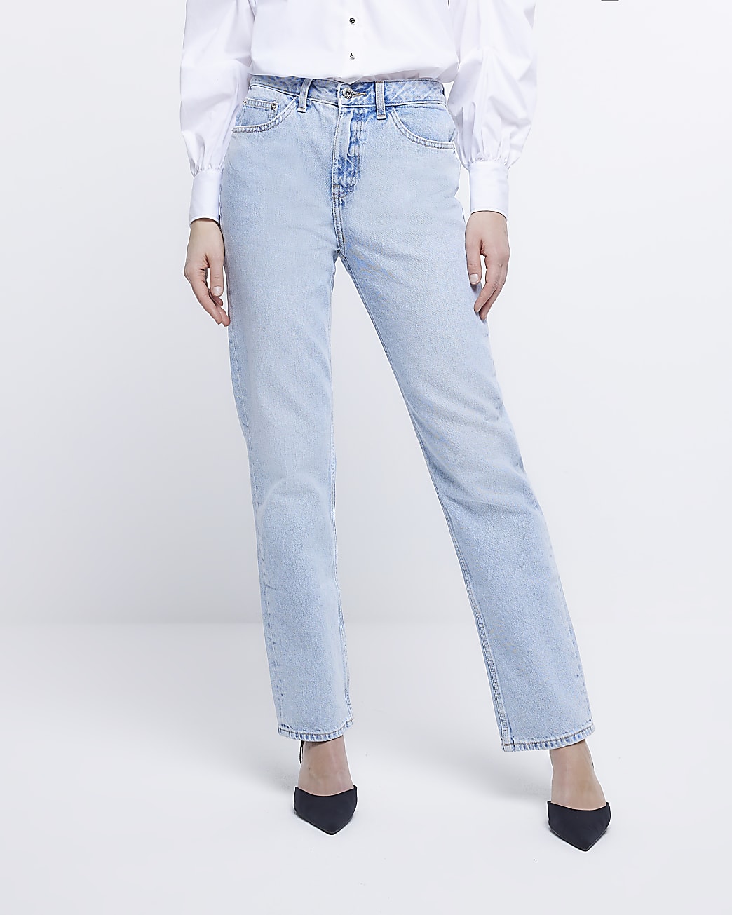 Blue high waisted straight leg jeans